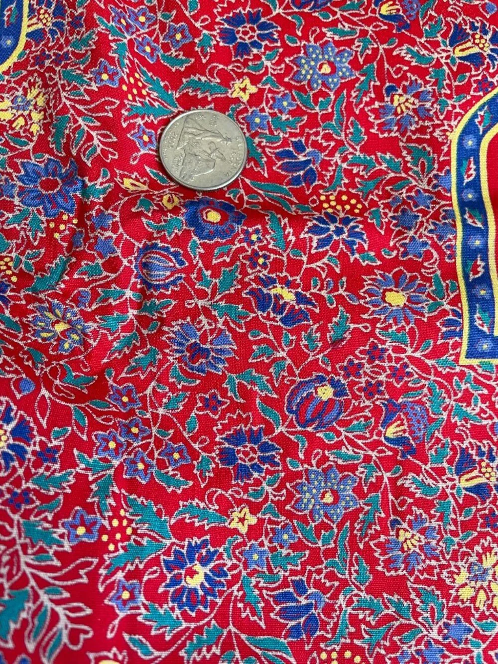 3y x 44” Vintage Floral Bright Red Blue Yellow Print Reversible Cotton Fabric